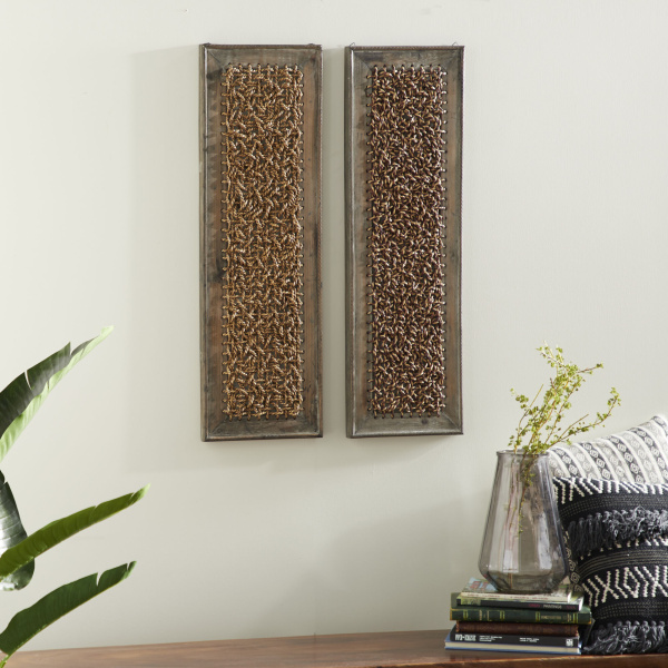 602787 Set of 2 Brown Wood Farmhouse Abstract Wall Decor, 38" x 12"