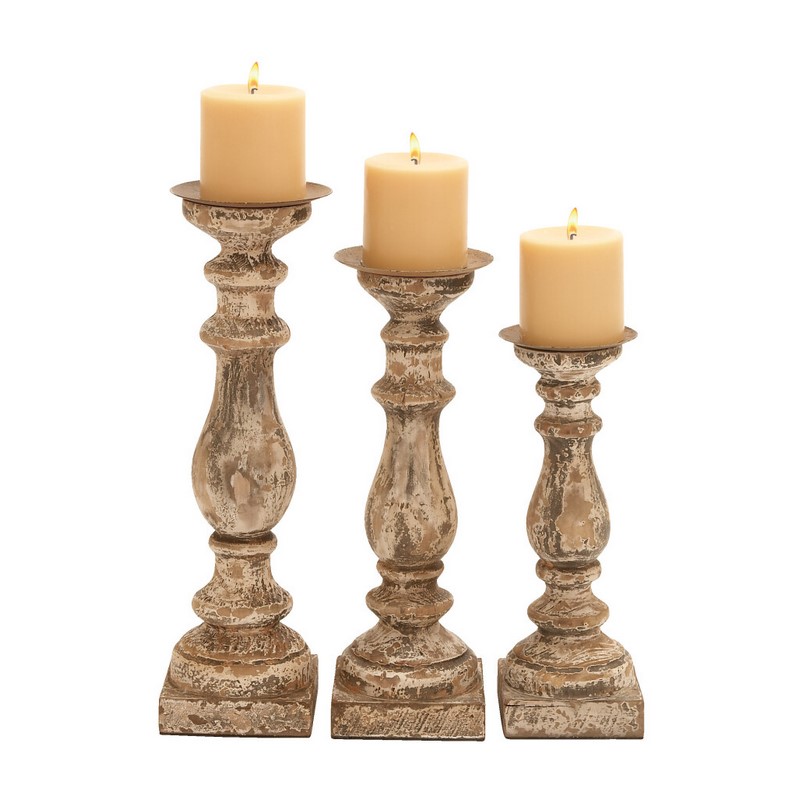 Set of 3 Brown Wood Traditional Candle Holder, 15", 14", 12"
