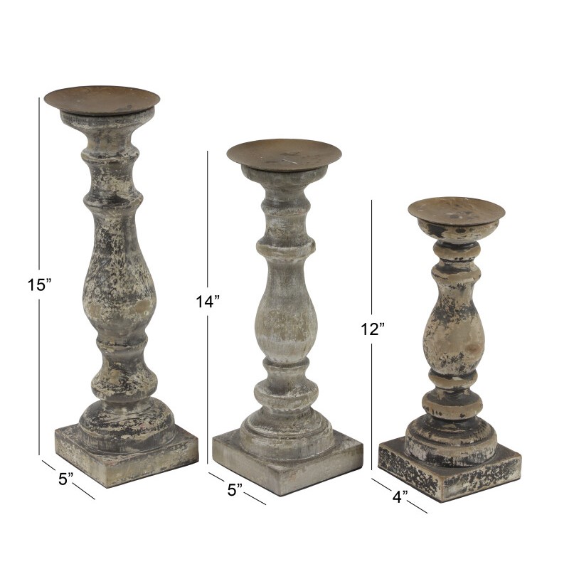 602972 Brown Set Of 3 Brown Wood Traditional Candle Holder