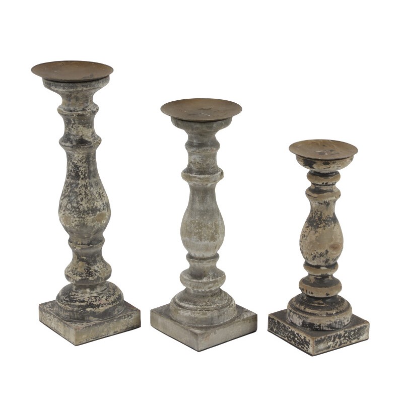 602972  Brown Set Of 3 Brown Wood Traditional Candle Holder