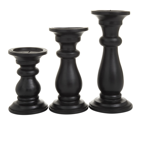 603045 Black Set Of 3 Black Wood Traditional Candle Holders 2
