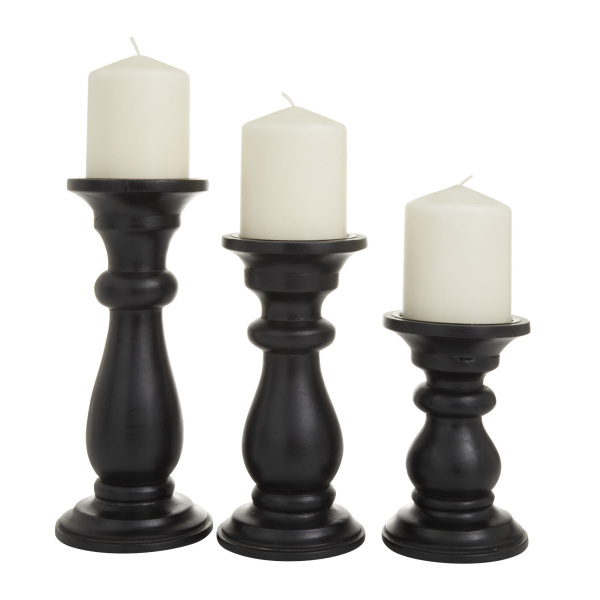 603045 Set of 3 Black Wood Traditional Candle Holders, 10",8",6"