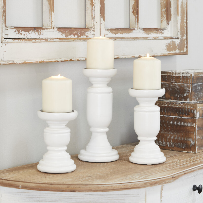 603048 Set of 3 White Wood French Country Candle Holder, 10" x 4" x 5"