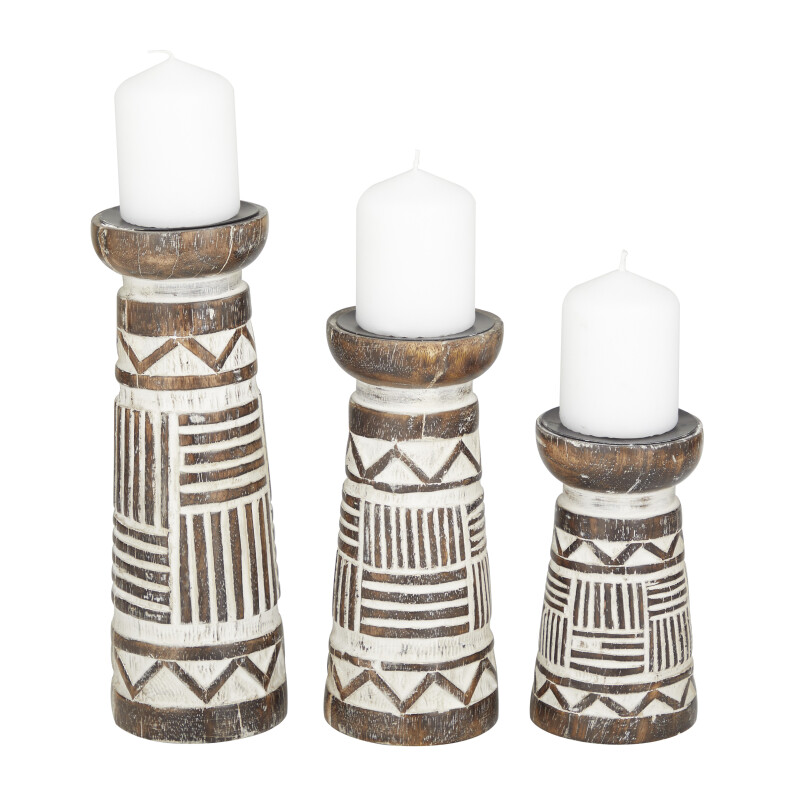 603067 Dark Brown Wood Eclectic Candle Holder Set of 3
