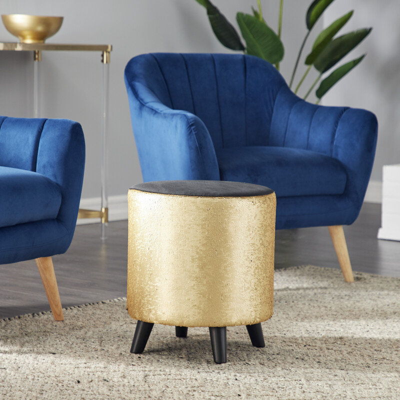 603103 Gold Fabric and Wood Contemporary Stool, 18" x 16" x 16"