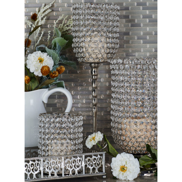 603139 Clear Aluminum and Crystal Glam Candle Holder, 19" x 6" x 6"
