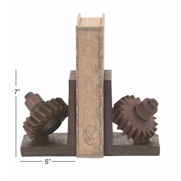 603322 Set Of 2 Brown Polystone Industrial Gear Bookends 1