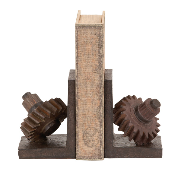603322 Set of 2 Brown Polystone Industrial Gear Bookends, 7" x 5"