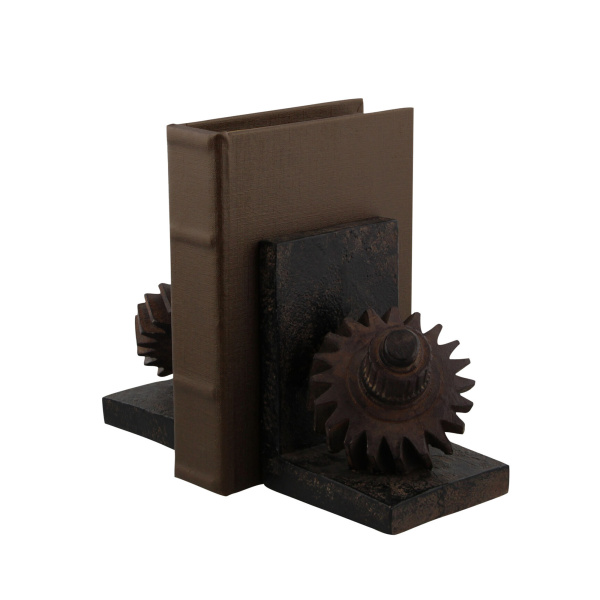 603322 Set Of 2 Brown Polystone Industrial Gear Bookends 6