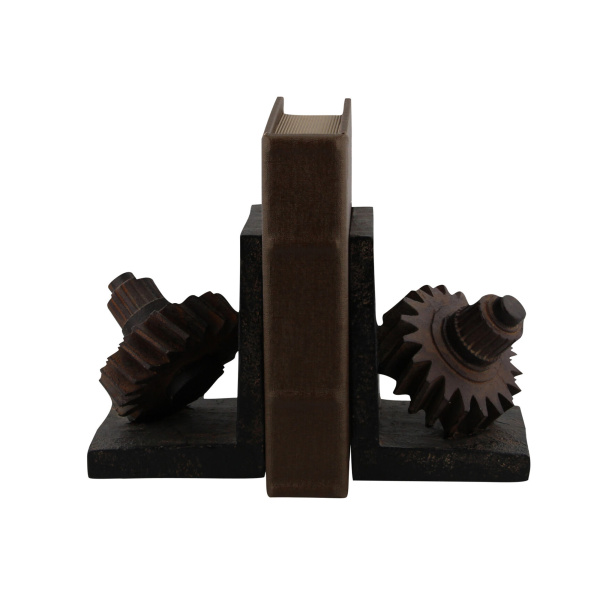 603322 Set Of 2 Brown Polystone Industrial Gear Bookends 7