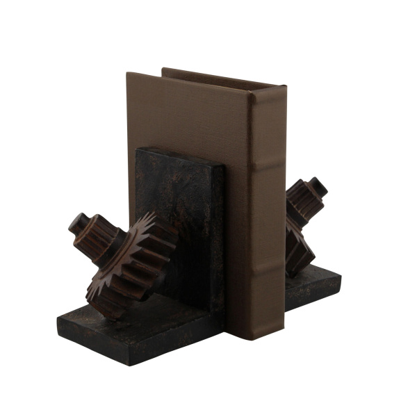 603322 Set Of 2 Brown Polystone Industrial Gear Bookends 8