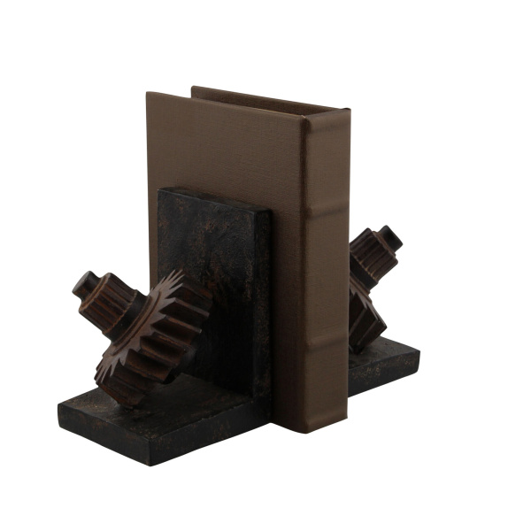 603322 Set Of 2 Brown Polystone Industrial Gear Bookends 9