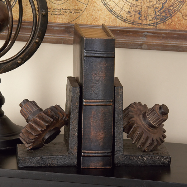 603322 Set of 2 Brown Polystone Industrial Gear Bookends, 7" x 5"