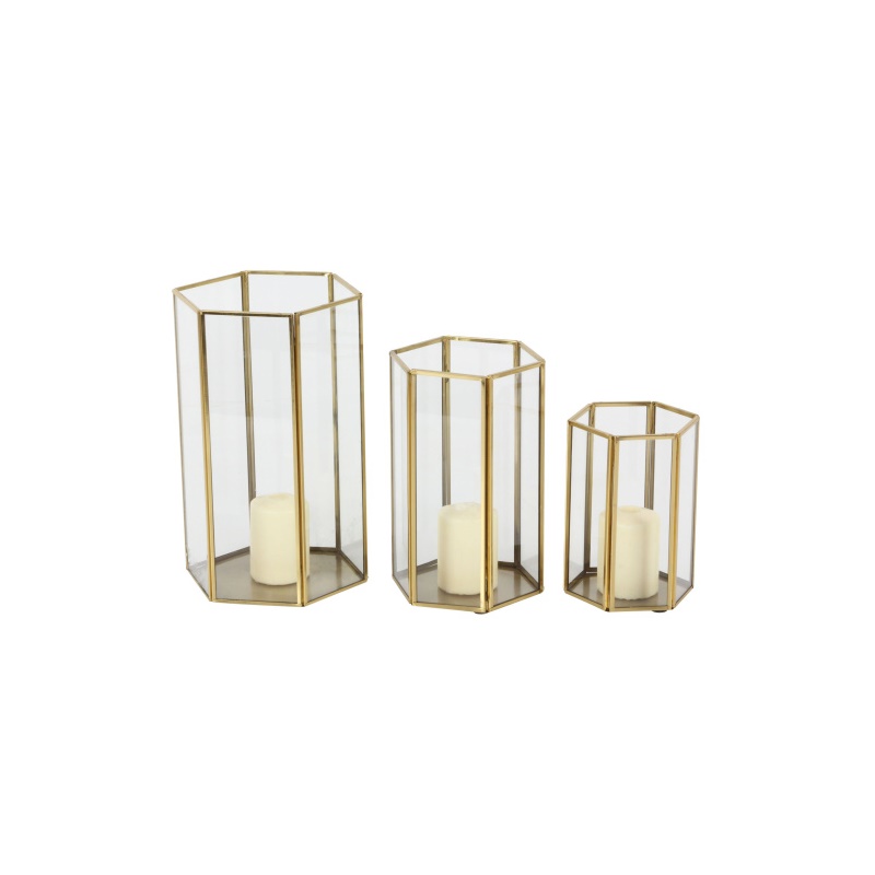 603492 CosmoLiving by Cosmopolitan Set of 3 Gold Glass Modern Lantern, 6", 8", 10"