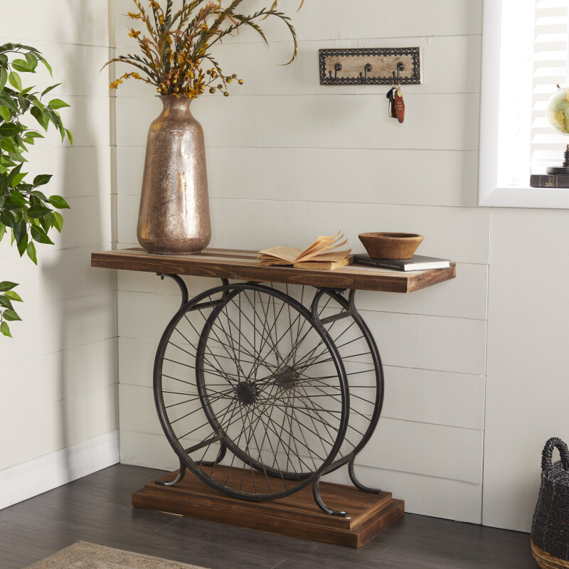 603702 Brown Industrial Wood Console Table, 12" x 39"