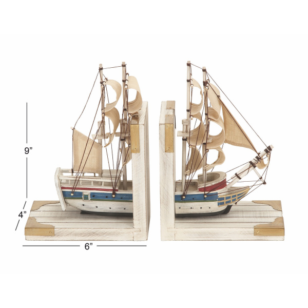 603818 Brown Set Of 2 White Wood Coastal Sailboat Bookends 1