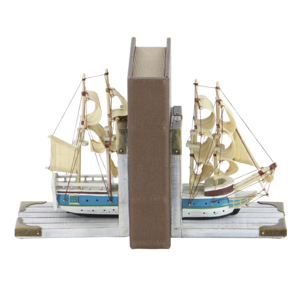 603818 Set of 2 White Wood Coastal Sailboat Bookends, 9" x 6"