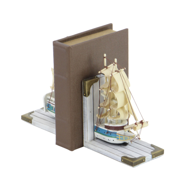 603818 Brown Set Of 2 White Wood Coastal Sailboat Bookends 7