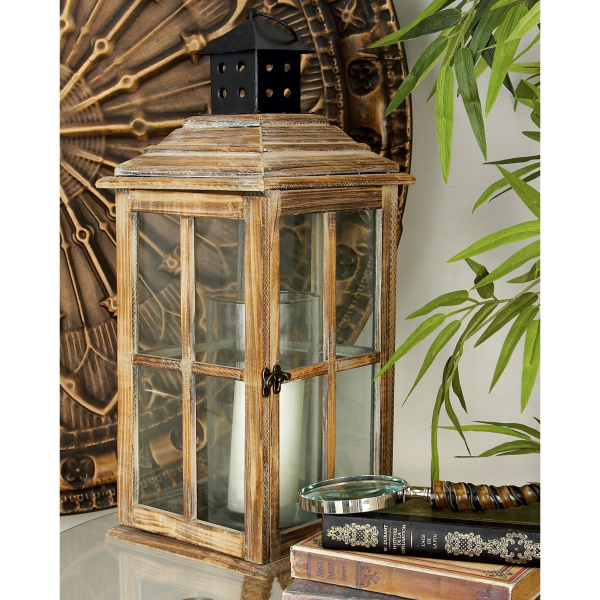 603902 Brown Wood Traditional Candle Holder Lantern, 9" x 23" x 9"