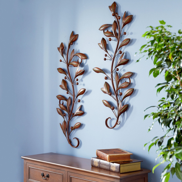 603970 Set of 2 Brown Metal Traditional Floral Wall Decor, 36" x 14"