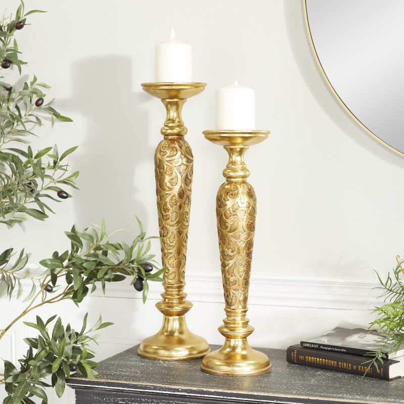 604231 Gold Polystone Traditional Candle Holder Set of 2