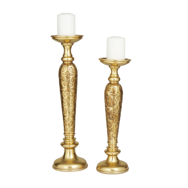 604231 Gold Polystone Traditional Candle Holder Set of 2