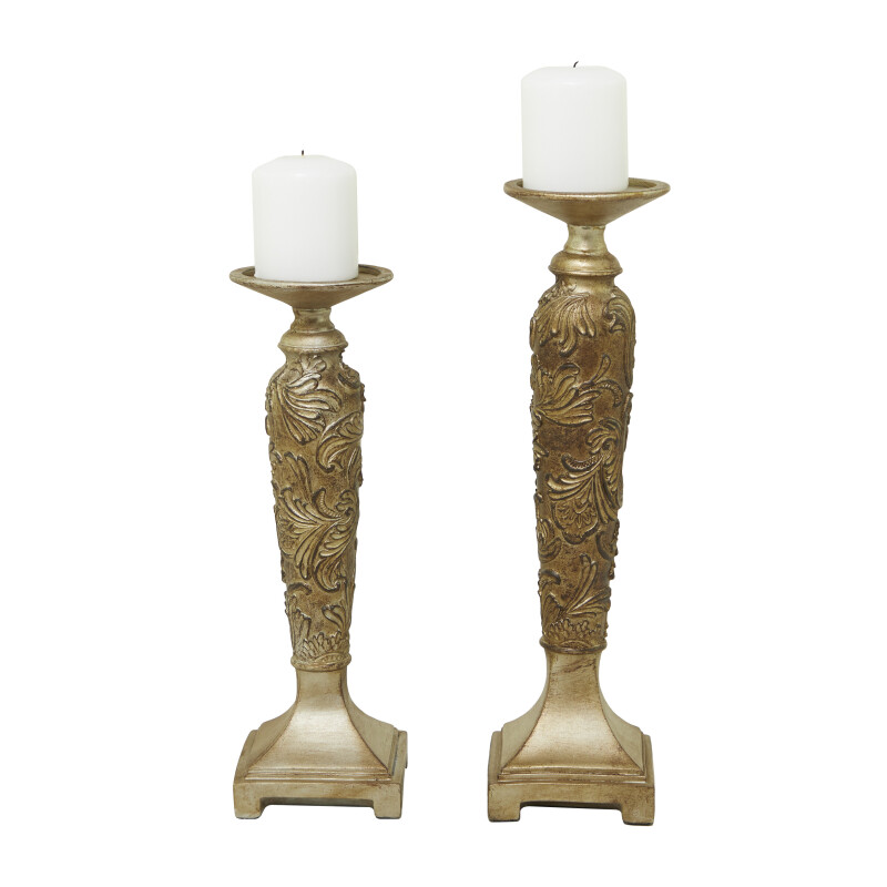 604232 Champagne Polystone Traditional Candle Holder Set of 2