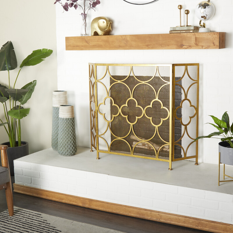 604254 Gold Metal Contemporary Wood Fireplace Screen, 35" x 50" x 1"