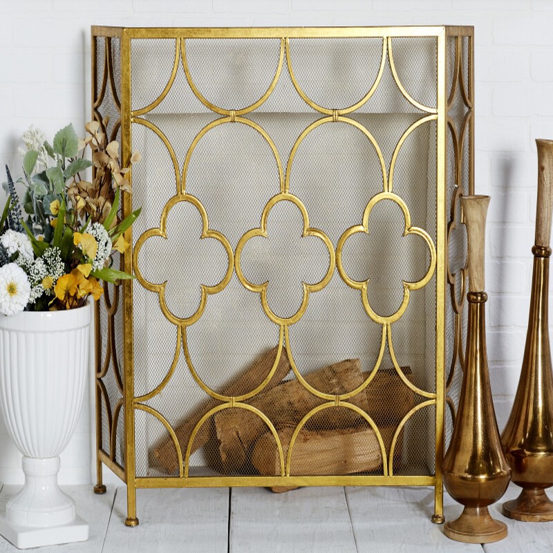 604254 Gold Metal Contemporary Wood Fireplace Screen 5