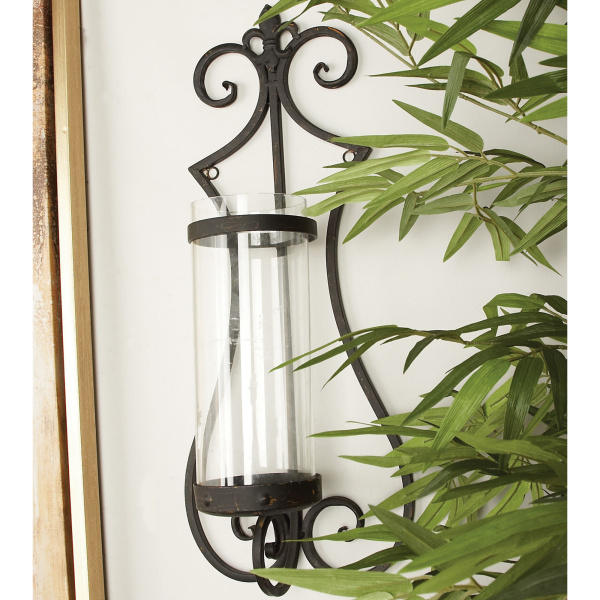 604499 Black Metal Traditional Candle Wall Sconce, 25" x 10" x 6"
