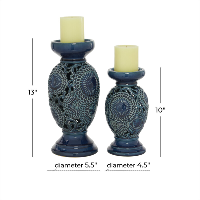 604639 Blue Blue Set Of 2 Blue Ceramic Eclectic Candle Holder 2