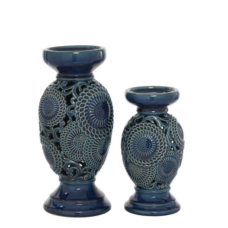 604639 Blue Blue Set Of 2 Blue Ceramic Eclectic Candle Holder 5