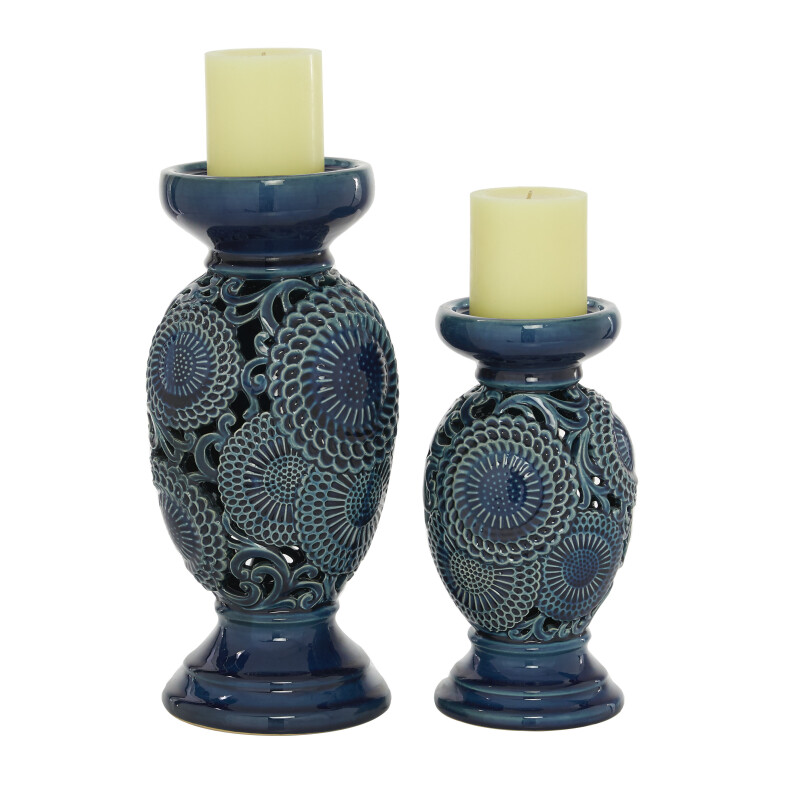 604639 Set of 2 Blue Ceramic Eclectic Candle Holder 13", 10"H