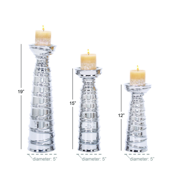 604698 Set Of 3 Silver Ceramic Contemporary Candle Holder 1