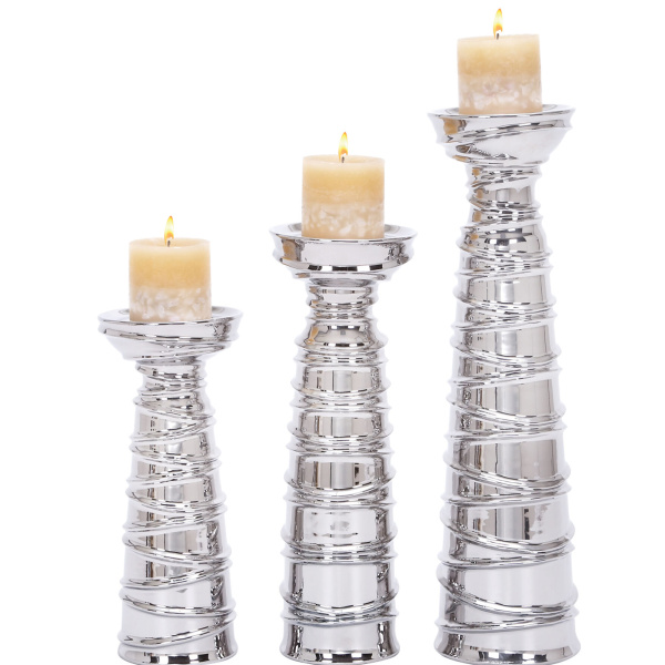 604698 Set of 3 Silver Ceramic Contemporary Candle Holder, 19", 15", 12"