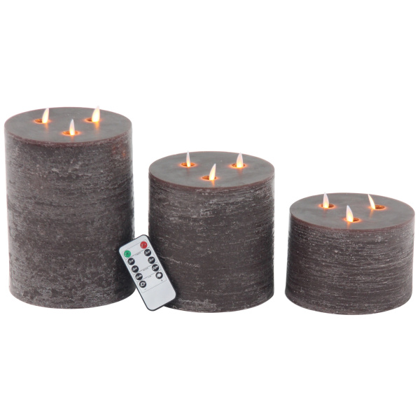 604733 Set of 3 Brown Traditional Wax Flameless Candle 4, 6, 8"