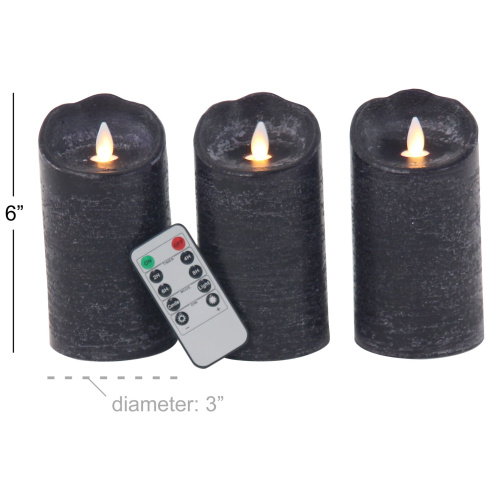 604734 Black Black Set Of 3 Black Traditional Wax Flameless Candle 2