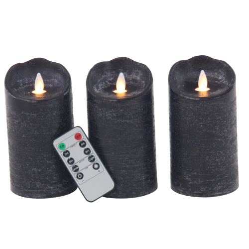 604734 Set of 3 Black Traditional Wax Flameless Candle 3" x 6"