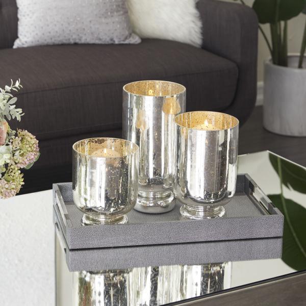 604939 Set of 3 Silver Glass Glam Candle Holders, 12" x 6" x 6"