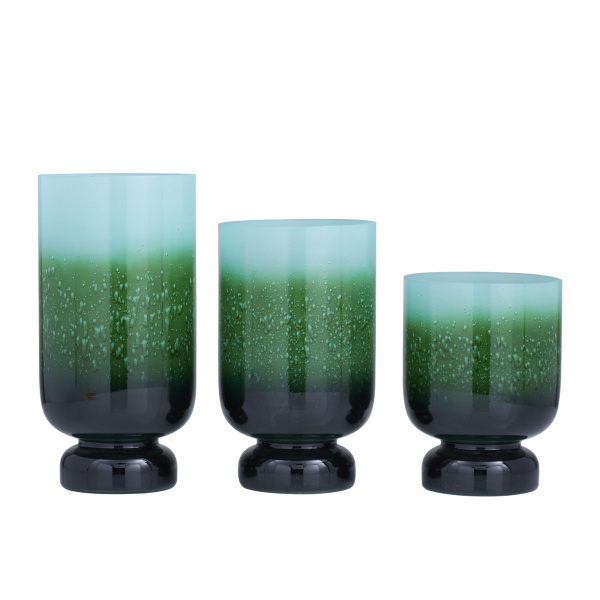 604941 Set of 3 Green Glass Rustic Candle Holders, 12" x 6" x 6"