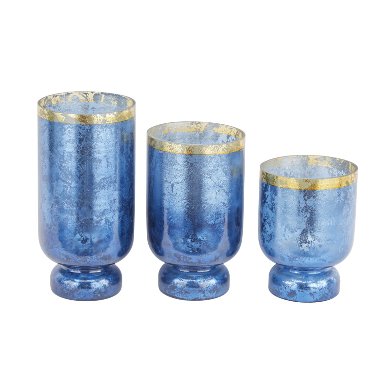 604953 Blue Gold Set Of 3 Blue Glass Coastal Candle Holder 3