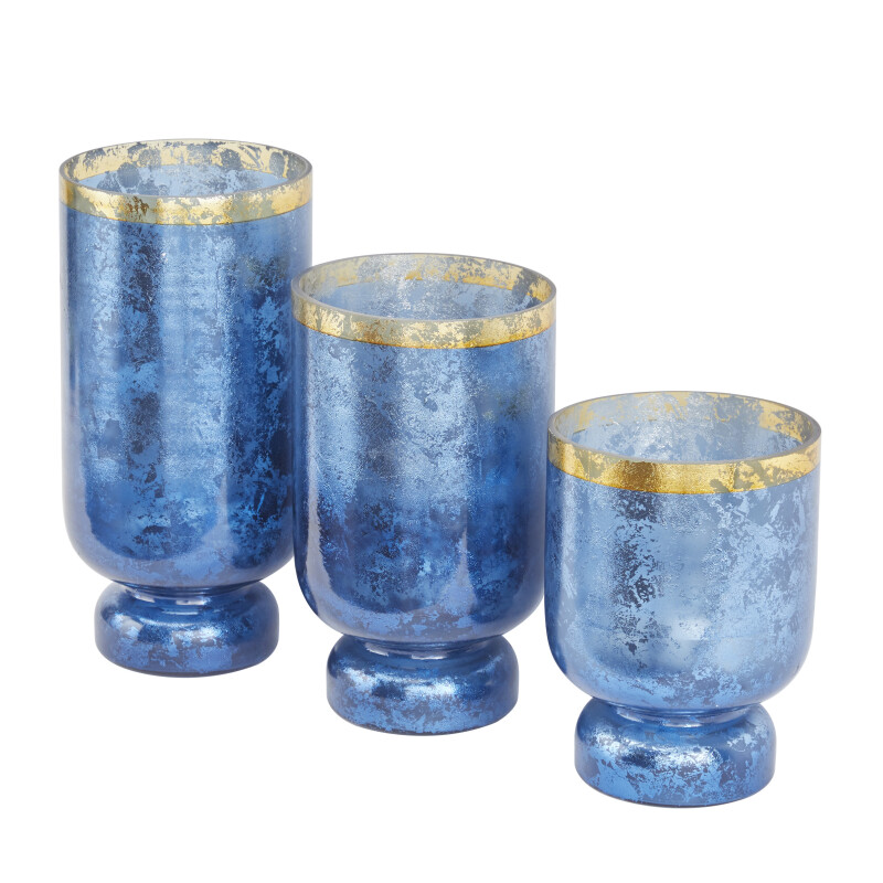 604953 Blue Gold Set Of 3 Blue Glass Coastal Candle Holder 6