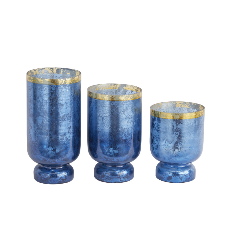 604953 Set of 3 Blue Glass Coastal Candle Holder, 6" x 12"