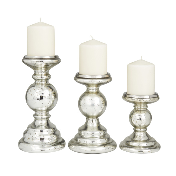 604955 Set of 3 Silver Glass Glam Candle Holder, 5" x 5" x 5"