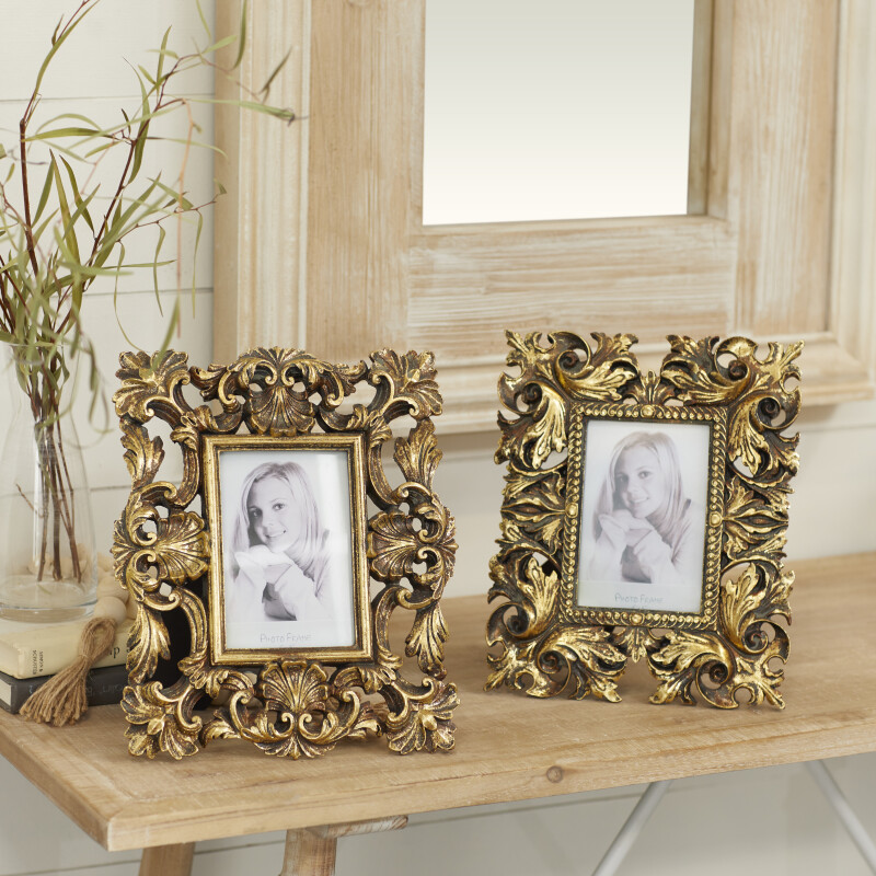 604962 Gold Set Of 2 Gold Polystone Traditional Photo Frame 3