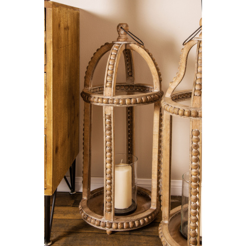 605014 Clear Brown Recycled Wood Natural Candle Holder Lantern 1