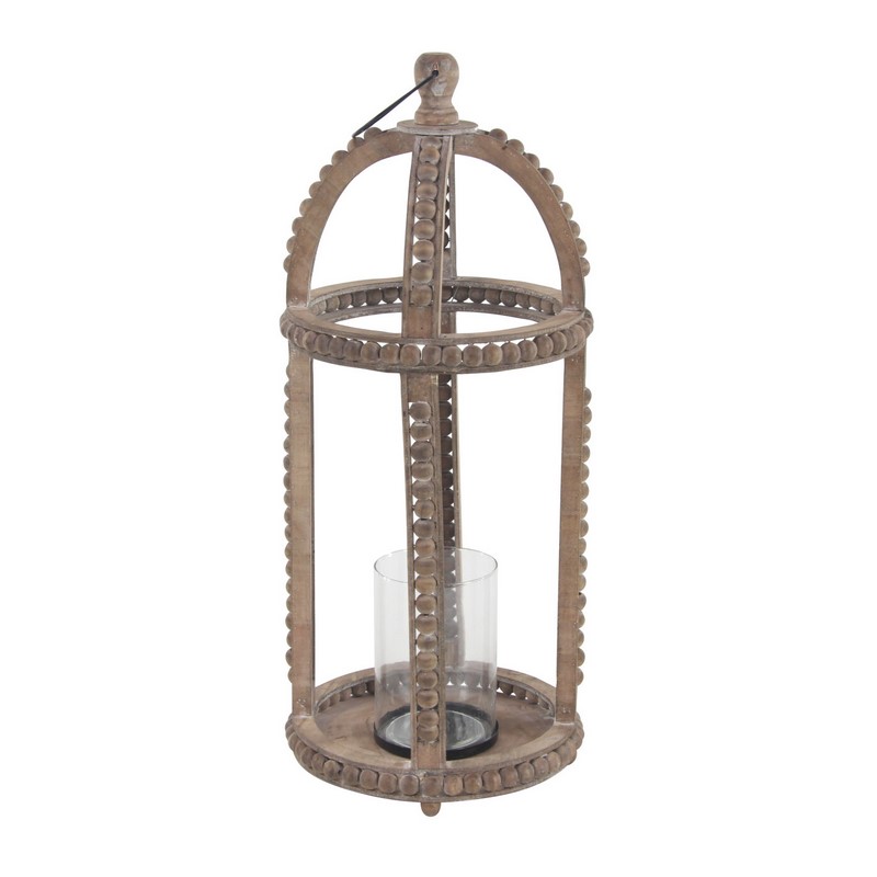 605014 Brown Recycled Wood Natural Candle Holder Lantern, 29" x 13" x 10"