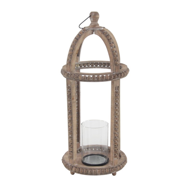605014 Clear Brown Recycled Wood Natural Candle Holder Lantern 5