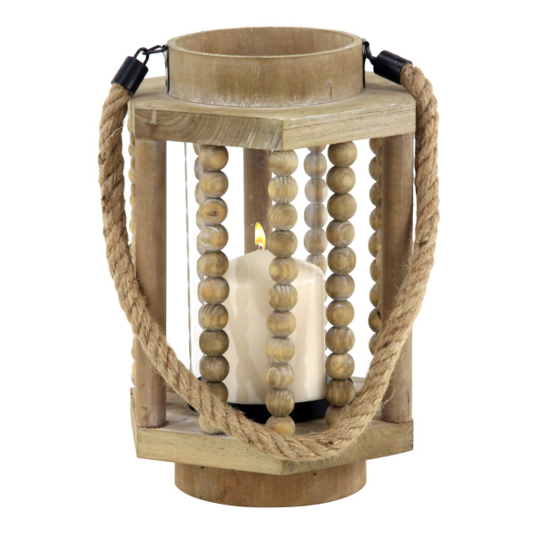 605016 Beige Recycled wood Farmhouse Candle Holder Lantern, 11" x 8" x 7"