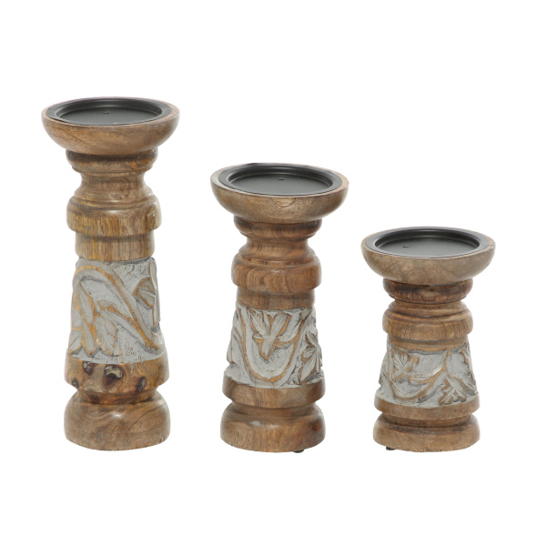 605063 Brown Set Of 3 Bronze Wood Country Cottage Candle Holder 4